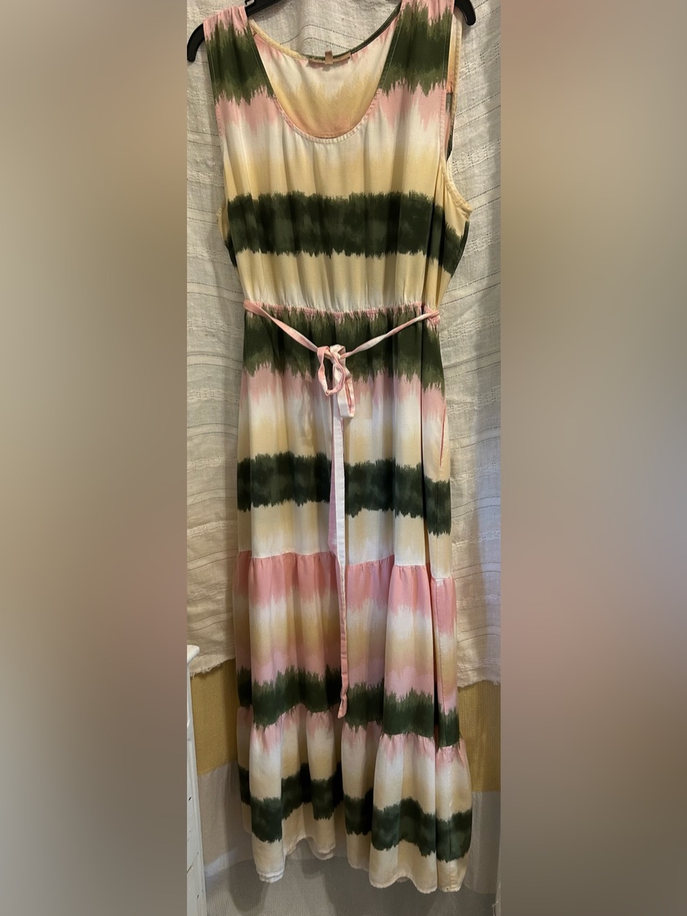 My Danielle Tie-Waist Tiered Maxi Skirt in Pink, Olive & Cream